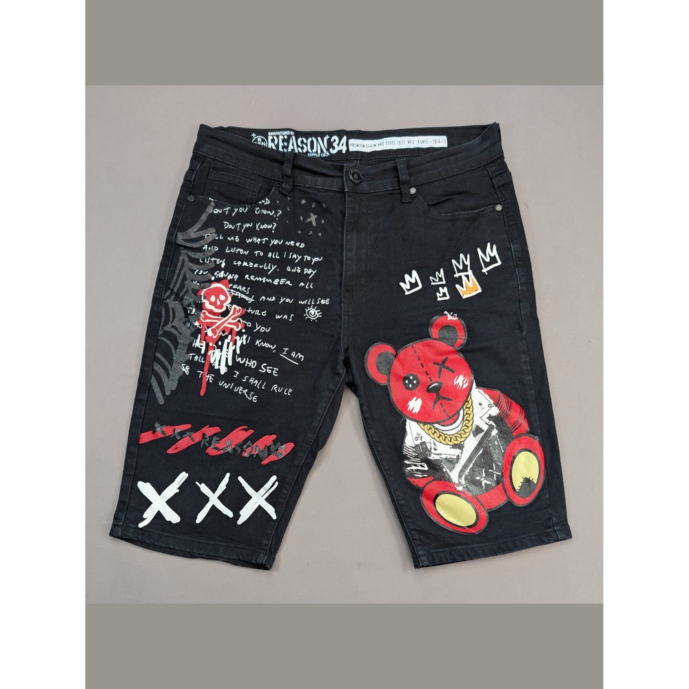 Reason NYC Teddy Bear Graphic Denim Shorts Black Streetwear Mens 34